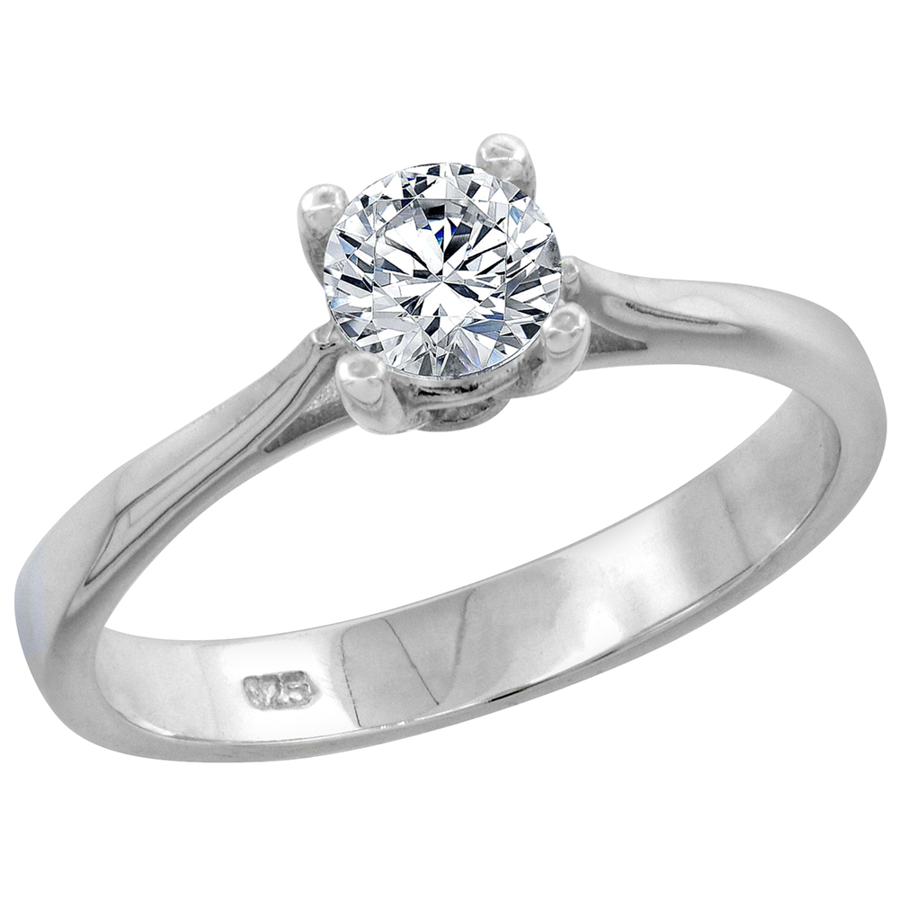 1/2 Carat Size Sterling Silver Brilliant Cut 5mm CZ Solitaire Ring for Women Sizes 6 to 10