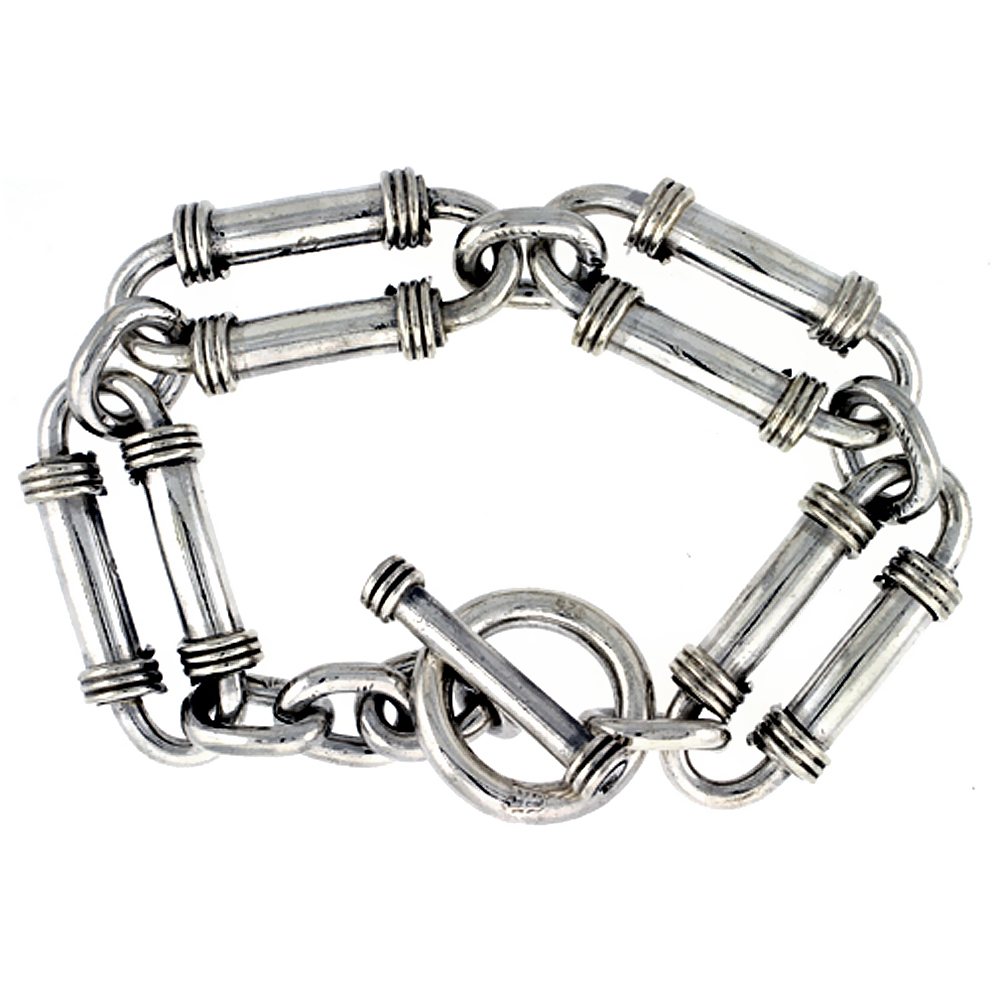 15MM STERLING SILVER WIRE WRAPPED DOUBLE BAR LINK BRACELET FOR MEN TOGGLE CLASP SOLID HEAVY HANDMADE SIZES 8, 8.5 & 9 INCH