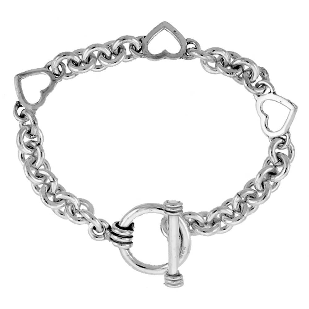 STERLING SILVER TRIPLE HEART CUT-OUT ROLO LINK BRACELET SIZES 8, 8.5 & 9 INCH