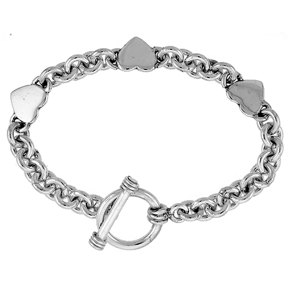 STERLING SILVER TRIPLE SOLID HEART ROLO LINK BRACELET SIZES 8, 8.5 & 9 INCH