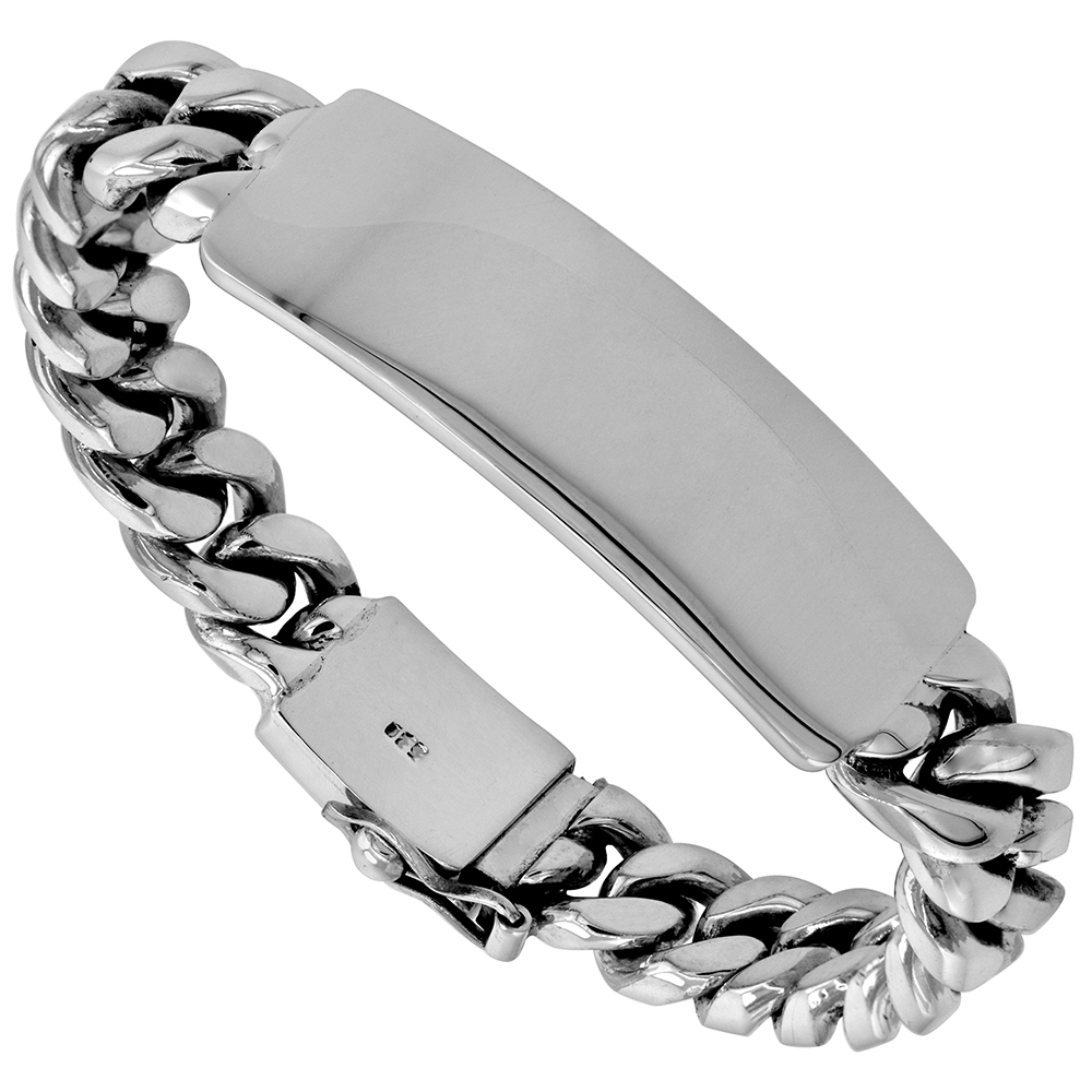 18MM STERLING SILVER HEAVY MIAMI CUBAN LINK ID BRACELET FOR MEN TIGHT LINK MONOGRAMMABLE BOX CLASP POLISHED FINISH HANDMADE SIZES 8, 8.5 & 9 INCH