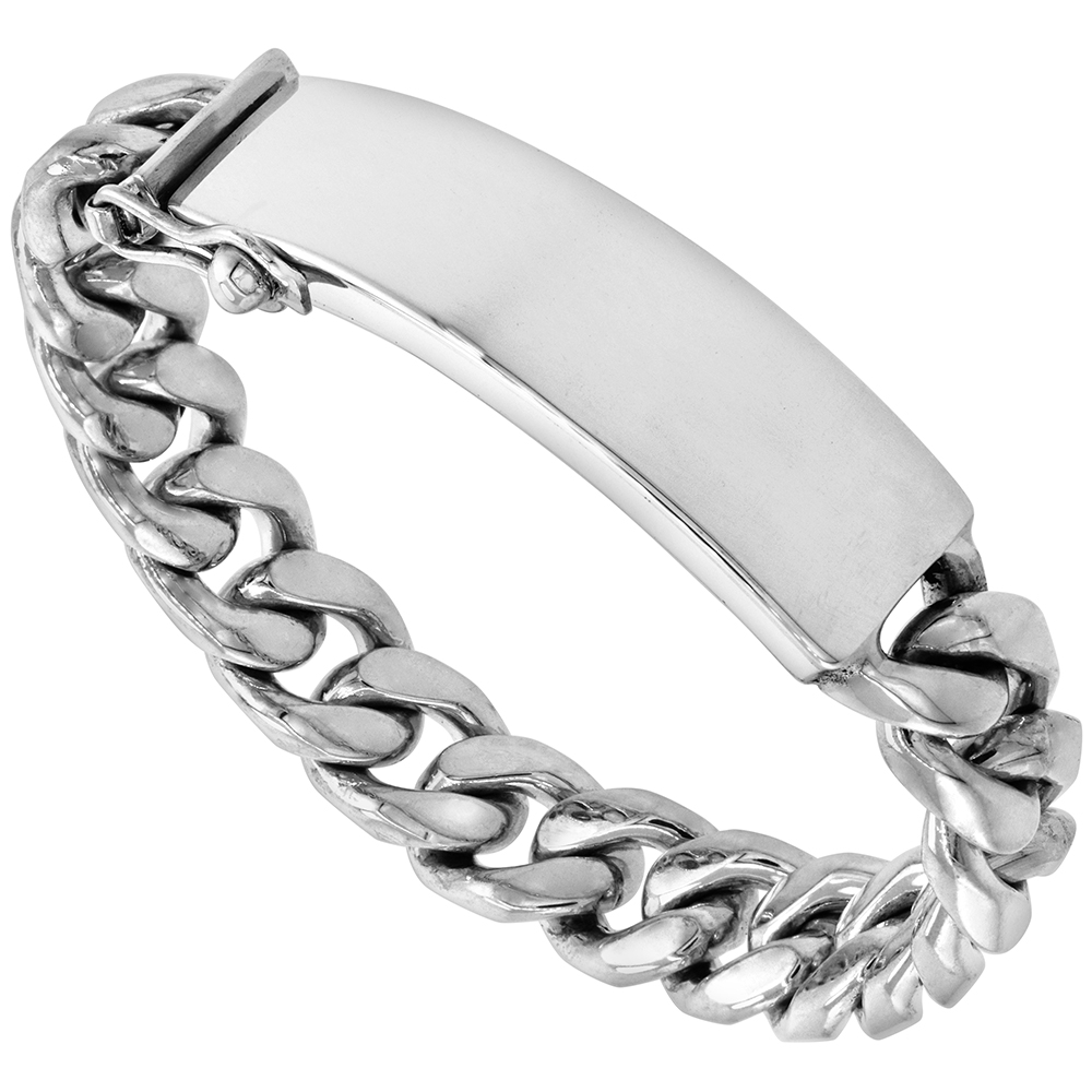 13.5mm Sterling Silver Miami Cuban Link ID Bracelet for Men Tight Link Hidden Clasp Polished Finish Handmade sizes 8, 8.5 &amp; 9 inch