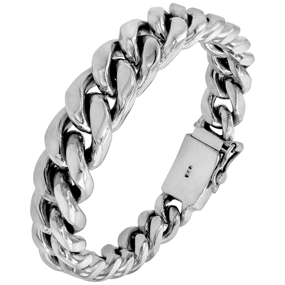 16mm Sterling Silver Graduated Miami Cuban Link Bracelet for Men Tight Link Monogrammable Box Clasp Polished Finish Handmade sizes 8, 8.5 &amp; 9 inch