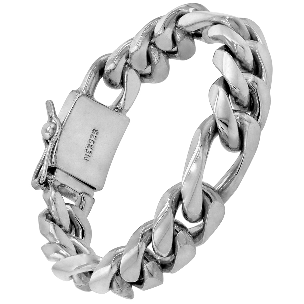 14mm Sterling Silver Figaro Chain Bracelet for Men Tight Link Monogrammable Box Clasp Polished Finish Handmade sizes 8, 8.5 & 9 inch