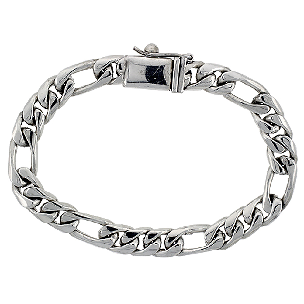 GENT'S STERLING SILVER FIGARO LINK BRACELET HANDMADE 3/8 INCH WIDE, SIZES 8, 8.5 & 9 INCH