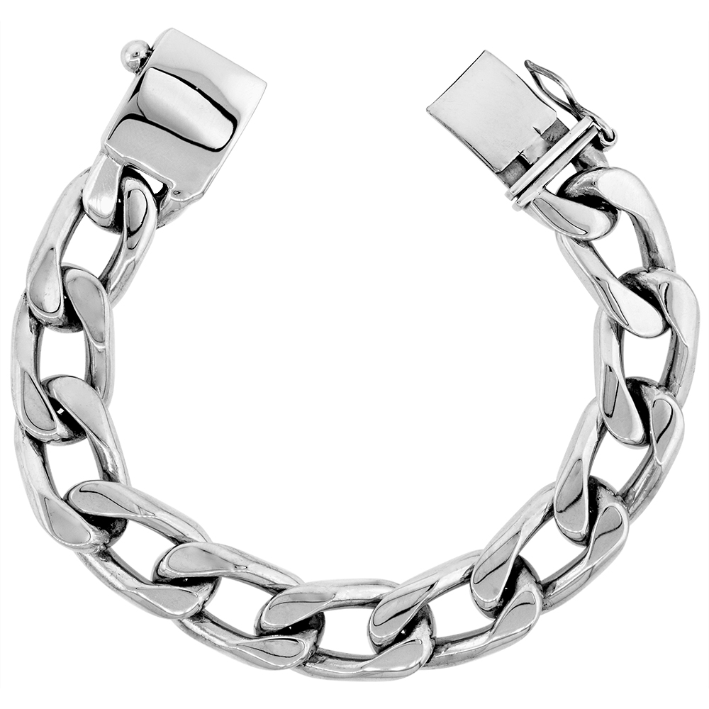 15MM STERLING SILVER LONG LINK CURB CHAIN BRACELET FOR MEN SOLID HEAVY HANDMADE SIZES 8 8.5 & 9 INCH