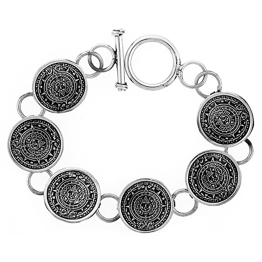 STERLING SILVER AZTEC CALENDAR BRACELET TOGGLE CLASP HANDMADE 3/4 INCH WIDE, SIZES 8, 8.5 & 9 INCH