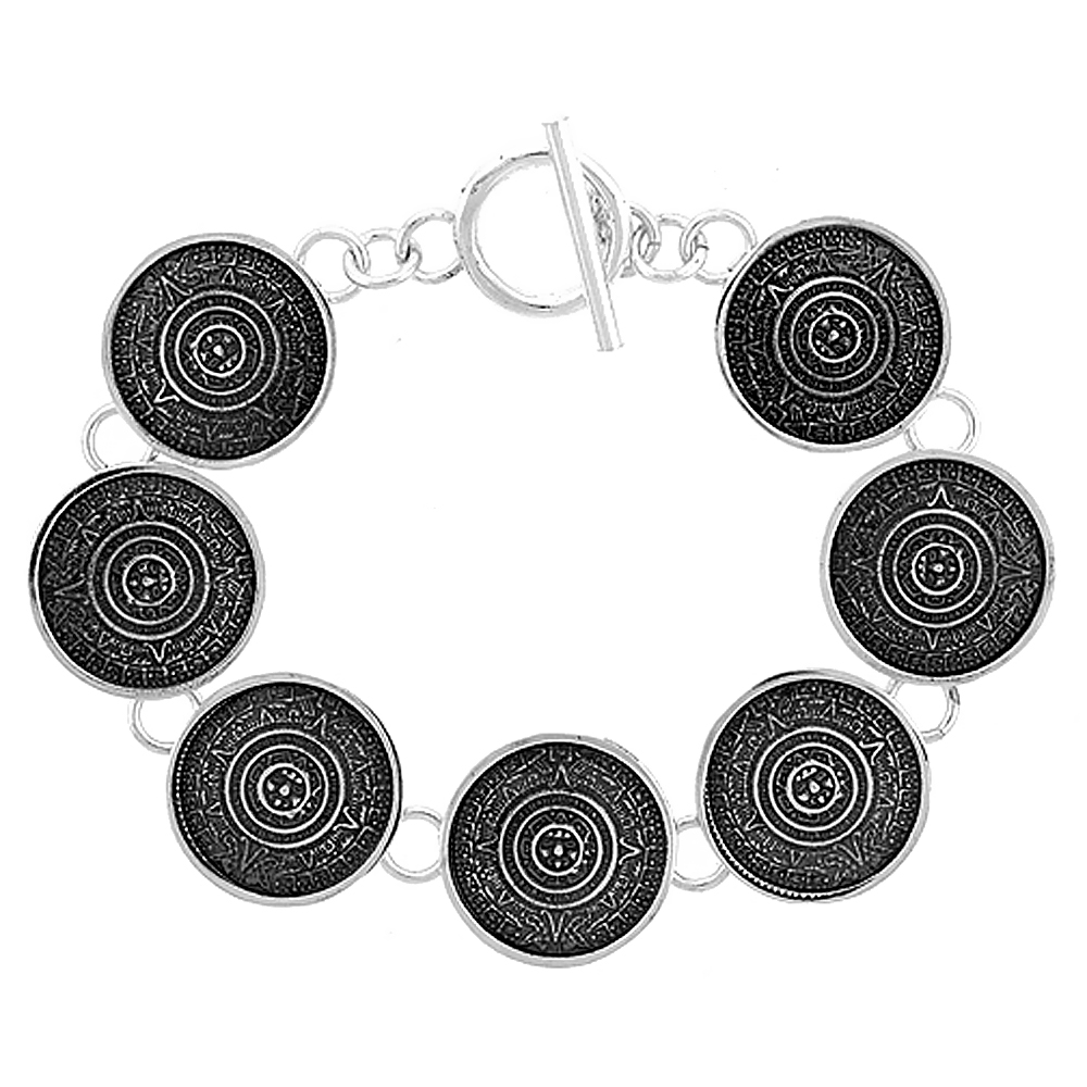 Sterling Silver Aztec Calendar Bracelet Toggle Clasp Handmade 3/4 inch wide, sizes 8, 8.5 &amp; 9 inch
