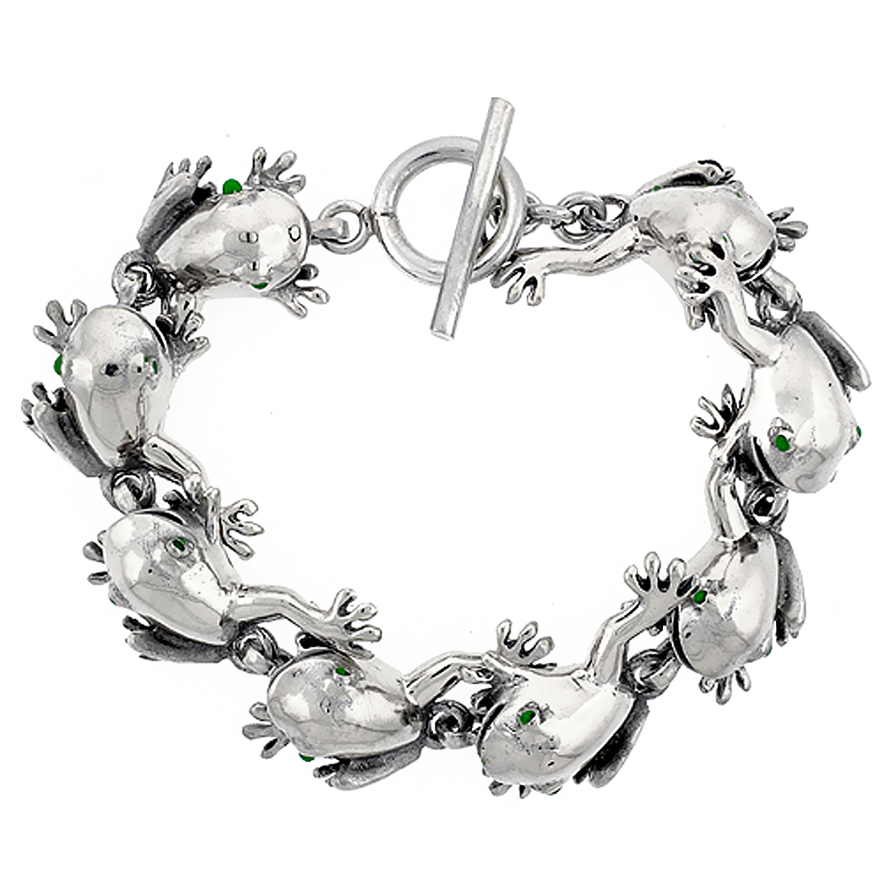 STERLING SILVER FROG BRACELET WITH TOGGLE CLASP 1 INCH WIDE, SIZES 8, 8.5 & 9 INCH