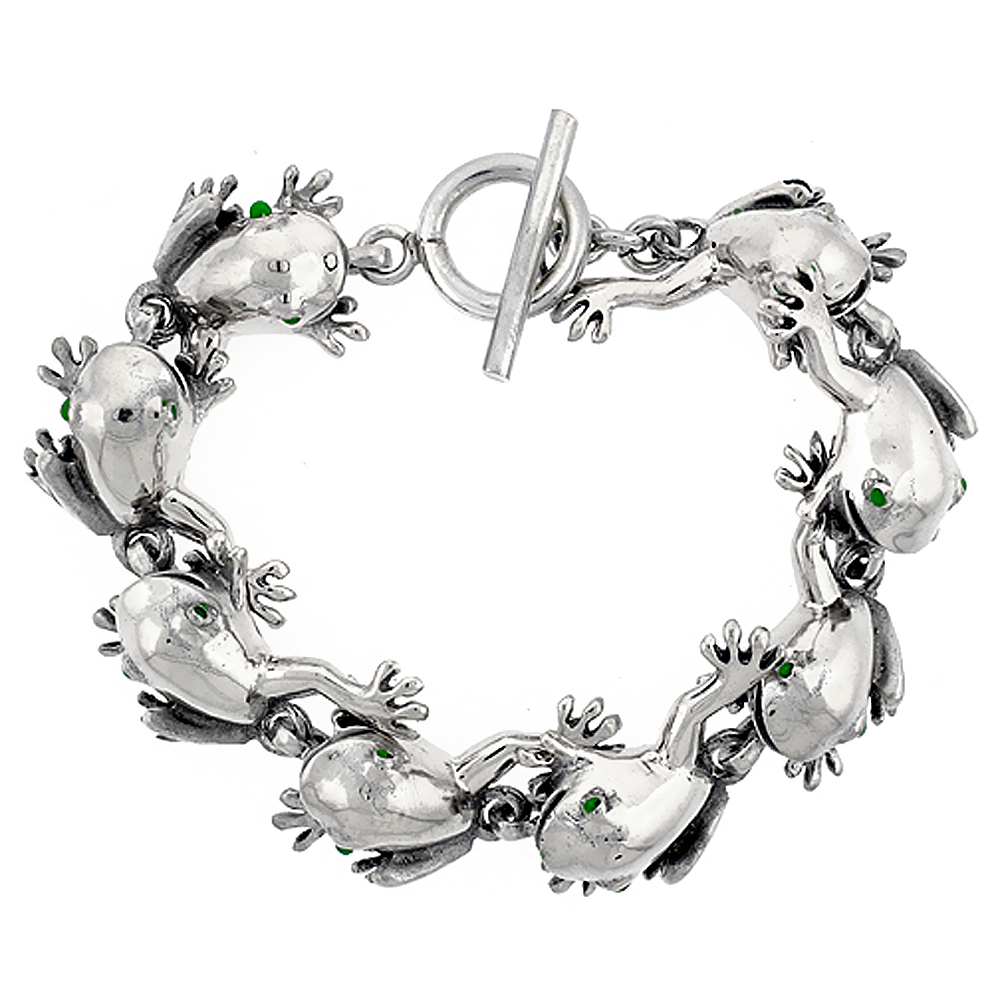 Sterling Silver Frog Bracelet with Toggle Clasp 1 inch wide, sizes 8, 8.5 &amp; 9 inch