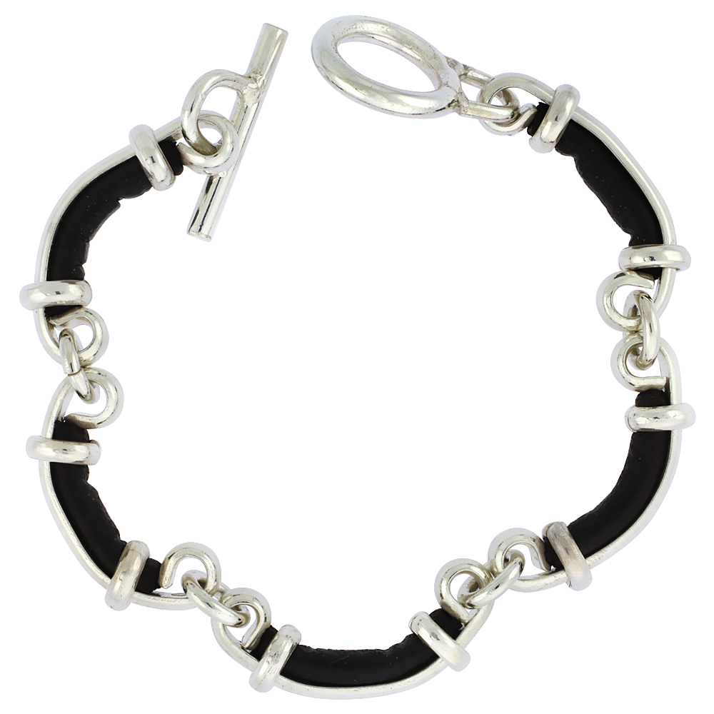 STERLING SILVER & LEATHER LINK BRACELET WITH TOGGLE CLASP 3/8 INCH WIDE, SIZES 8, 8.5 & 9 INCH