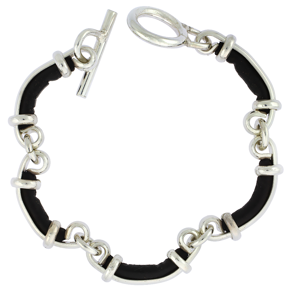 Sterling Silver & Leather Link Bracelet with Toggle Clasp 3/8 inch wide, sizes 8, 8.5 & 9 inch