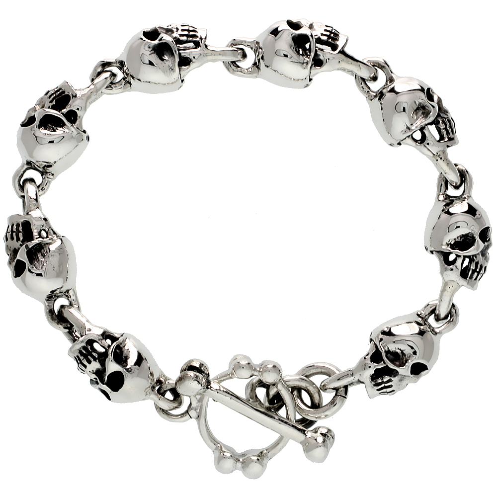 STERLING SILVER SKULL BRACELET HEAVY HANDMADE, SIZES 8, 8.5 AND 9 INCH