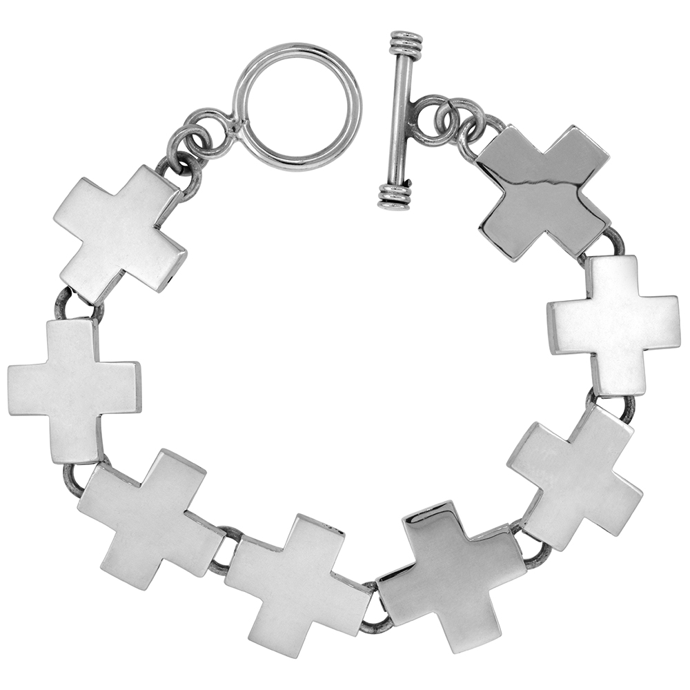 17MM STERLING SILVER GREEK CROSS BRACELET FOR MEN AND WOMEN TOGGLE CLASP SOLID HEAVY POLISHED HANDMADE SIZES 7-9 INCH
