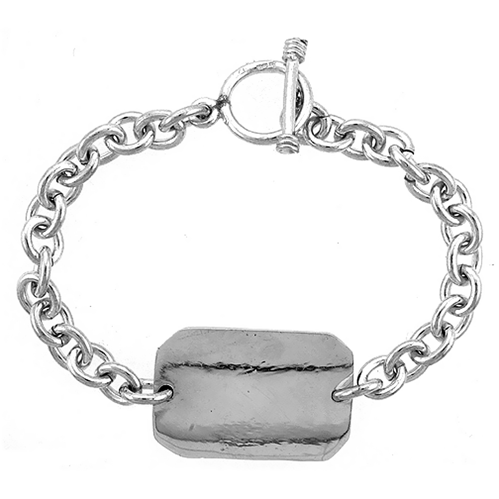 STERLING SILVER MEDICAL EMERGENCY BRACELET RECTANGULAR PLAQUE TOGGLE CLASP 3/4 INCH WIDE, SIZES 8, 8 1/2 & 9 INCH