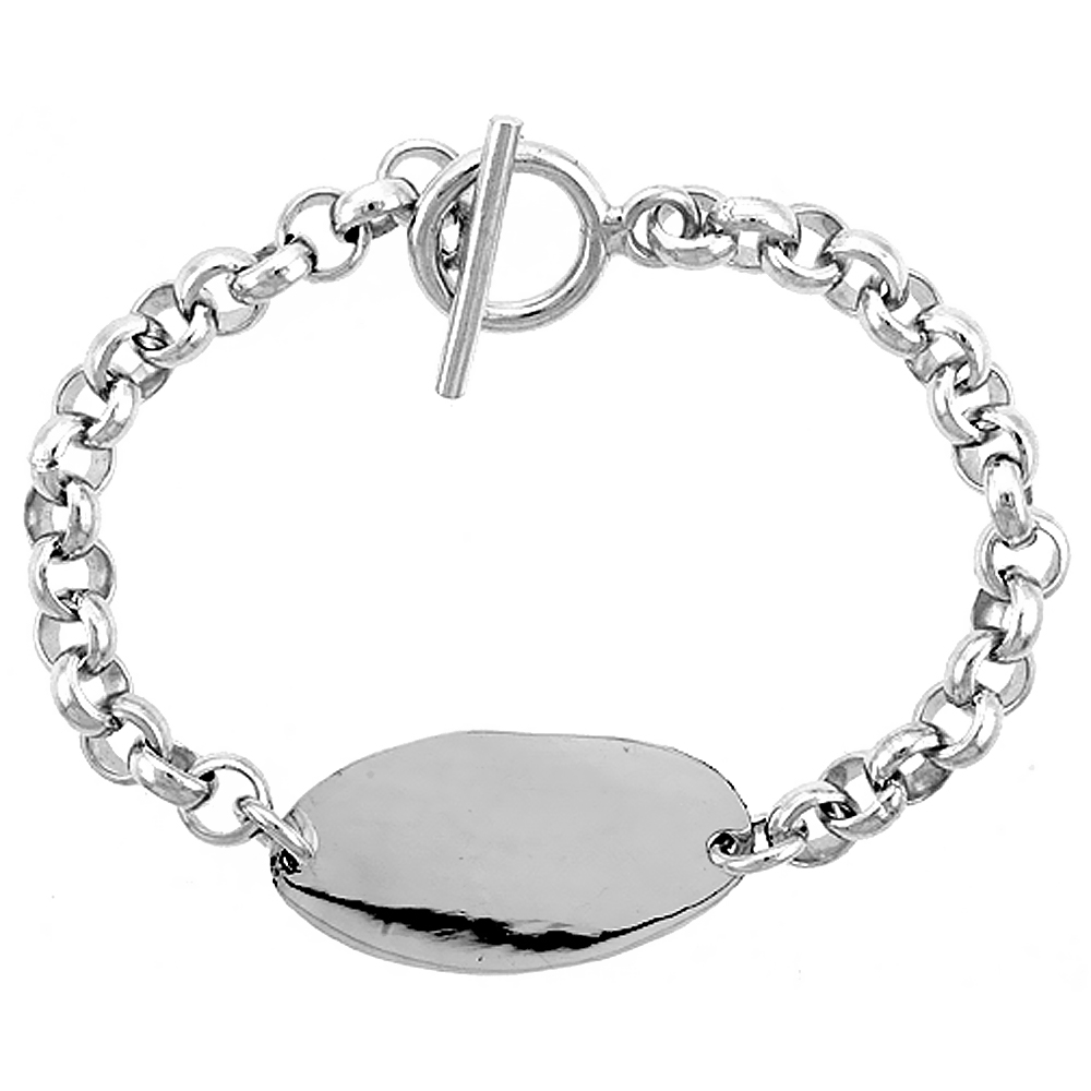 STERLING SILVER MEDICAL EMERGENCY BRACELET OVAL PLAQUE TOGGLE CLASP, 3/4 INCH WIDE, SIZES 8 INCH, 8 1/2 INCH & 9 INCH