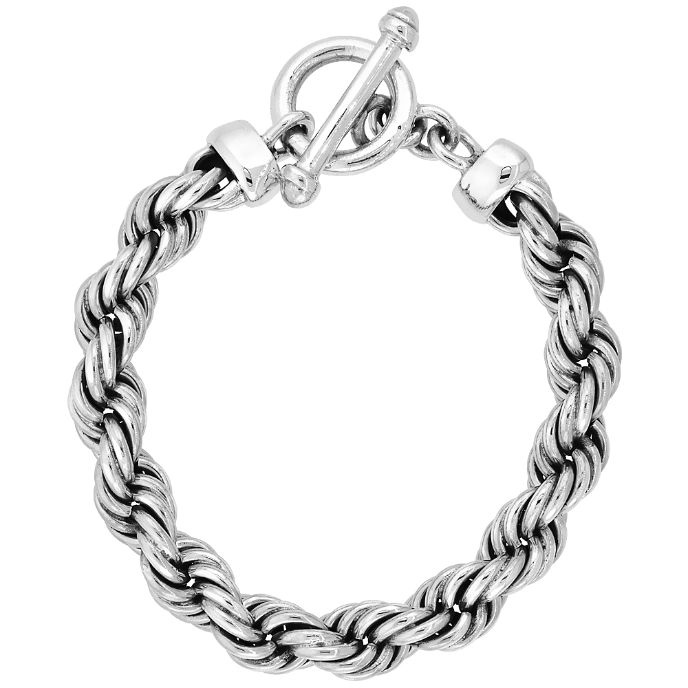 STERLING SILVER HANDMADE HEAVY ROPE BRACELET TOGGLE CLASP 3/8 INCH WIDE, SIZES 8, 8.5 & 9 INCH