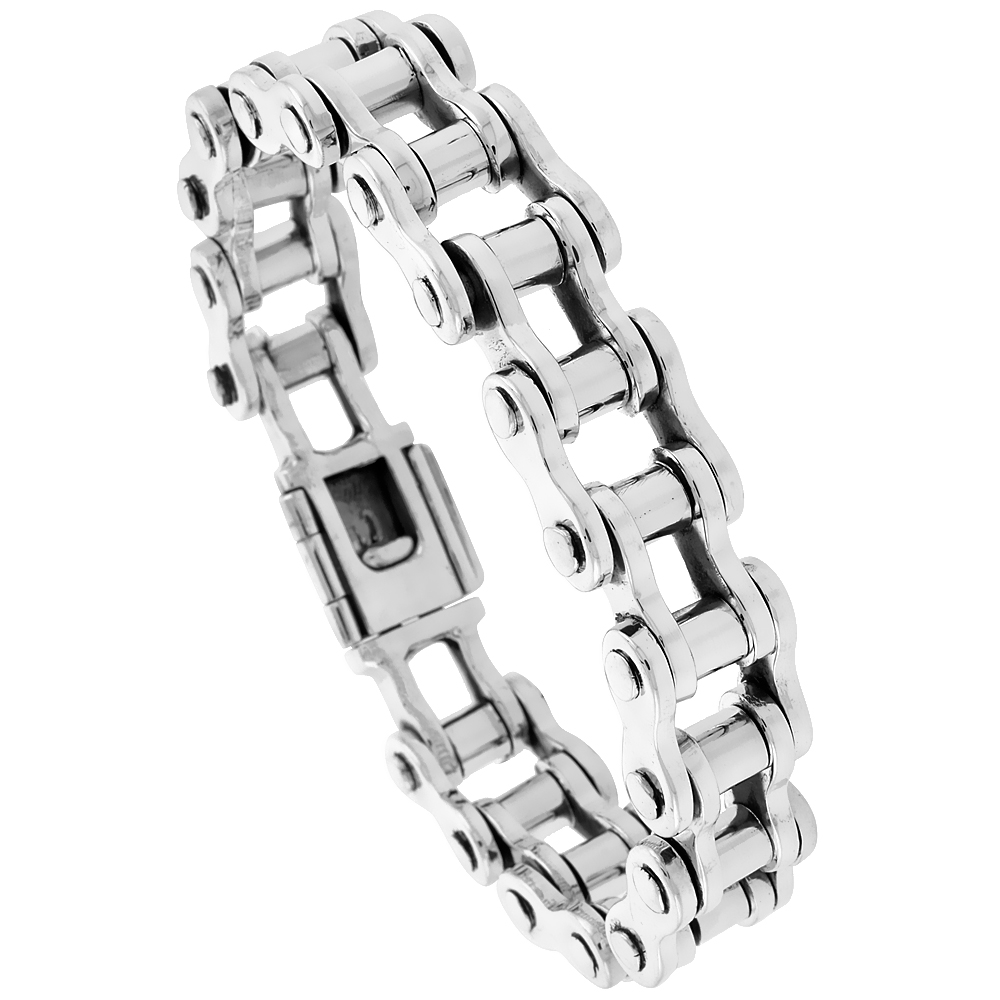 STERLING SILVER BICYCLE CHAIN BRACELET HANDMADE 1/2 INCH (14 MM) VERY WIDE, SIZES 8, 8.5 & 9 INCH