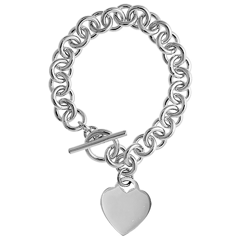 Sterling Silver Heart Tag Bracelet Round Link Heavy Weight Handmade &amp; Matching Necklaces, sizes 7.5, 8 &amp; 18 inch