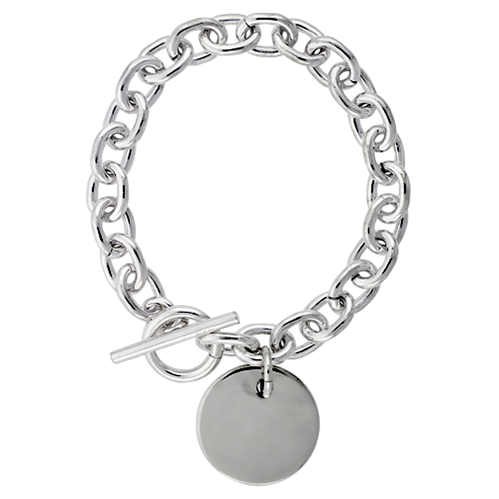 STERLING SILVER HEAVY OVAL ROLO LINK W/ ROUND DISC NECKLACES AND BRACELETS, SIZES 7, 8 & 18 INCH