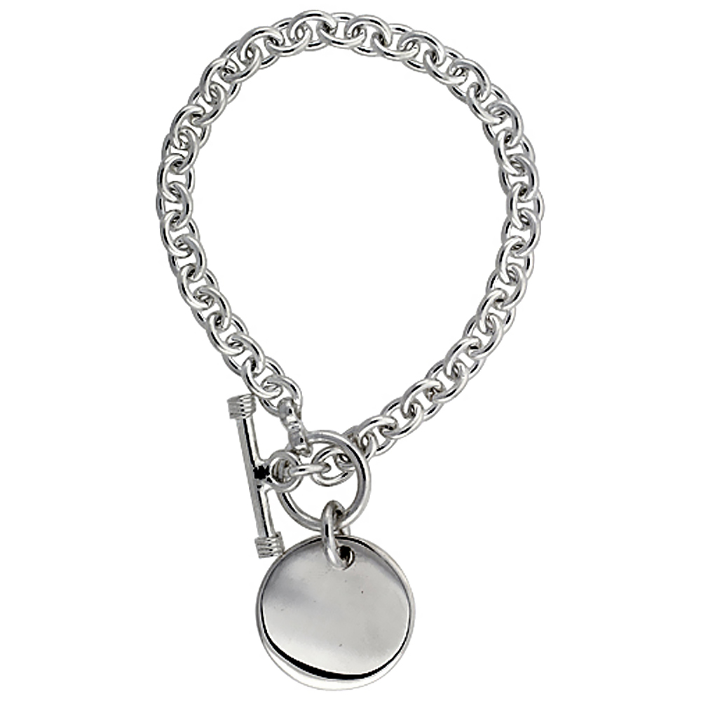 STERLING SILVER OVAL ROLO LINK W/ ROUND TAG NECKLACES AND BRACELETS, SIZES 7, 8 & 18 INCH