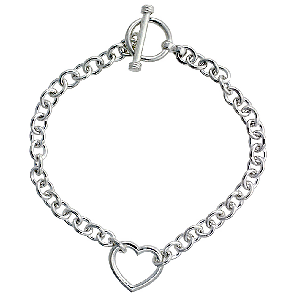 STERLING SILVER ROLO LINK W/ OPEN HEART CENTER BRACELETS AND NECKLACES, SIZES 7, 8 & 18 INCH