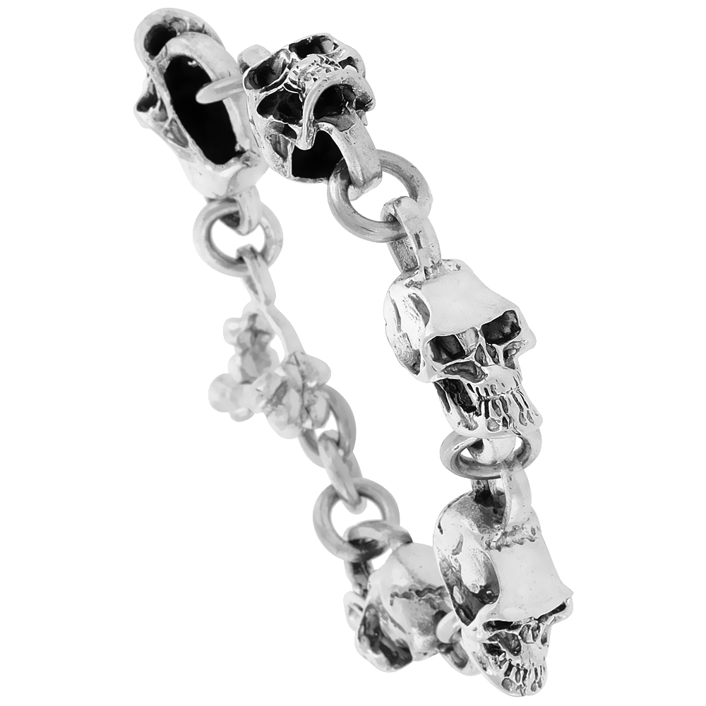 STERLING SILVER HEAVY MEN'S SKULL BRACELET HANDMADE, 3/4 INCH WIDE, AVAILABLE IN 8, 8.5 & 9 INCH