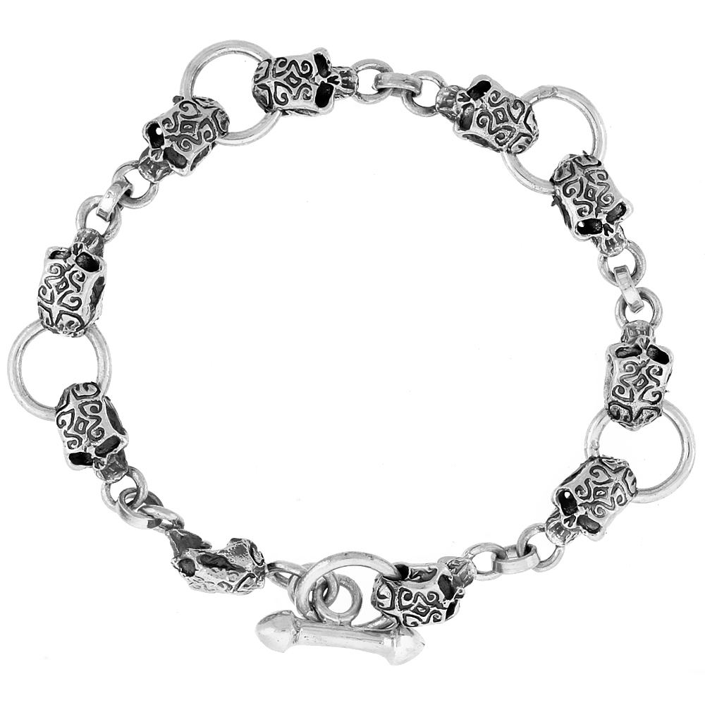 Sterling Silver Tattooed Skull Bracelet Handmade, 1/2 inch wide, available in 8, 8.5 &amp; 9 inch