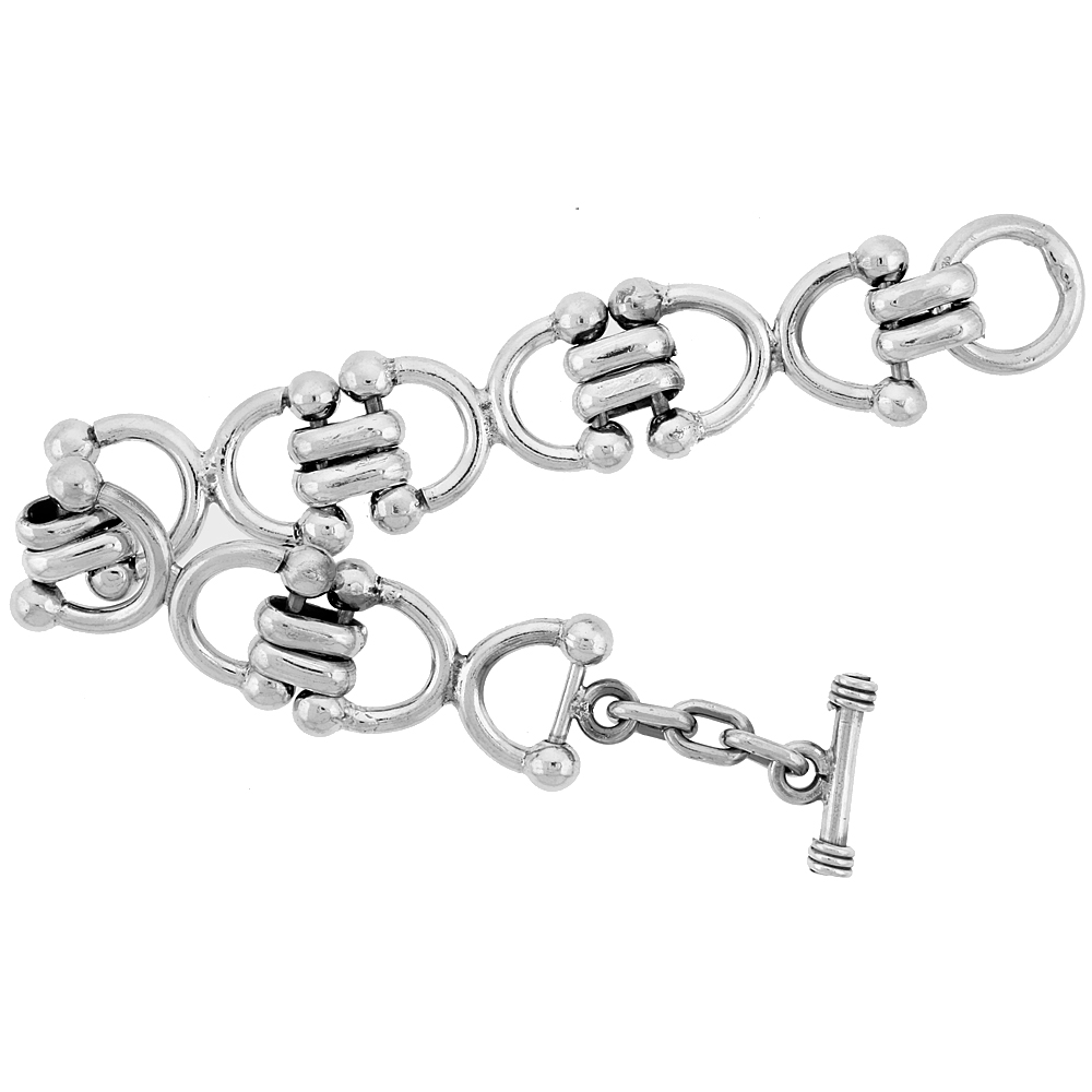 Sterling Silver Horseshoe Link Bracelet Toggle Clasp Handmade 3/4 inch wide, sizes 8, 8.5 &amp; 9 inch 