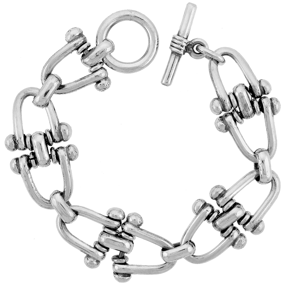 STERLING SILVER STIRRUPS LINK BRACELET TOGGLE CLASP HANDMADE 7/8 INCH WIDE, SIZES 8, 8.5 & 9 INCH