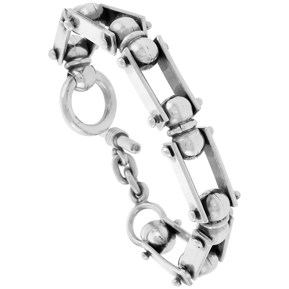 STERLING SILVER BULLET CHAIN LINK BRACELET TOGGLE CLASP HANDMADE 5/8 INCH WIDE, SIZES 8, 8.5 & 9 INCH