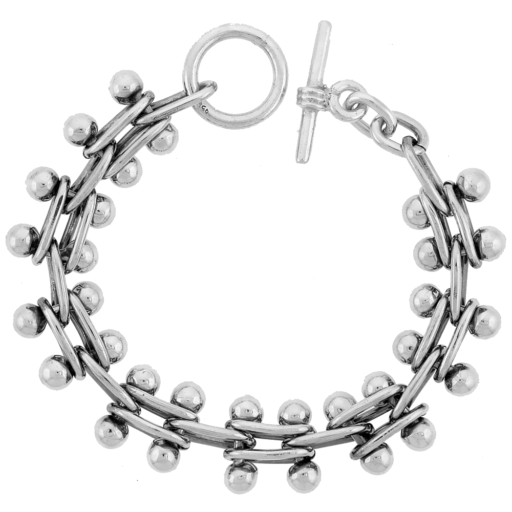 Sterling Silver Beaded Bar Link Bracelet Toggle Clasp Handmade 5/8 inch wide, sizes 8, 8.5 &amp; 9 inch 