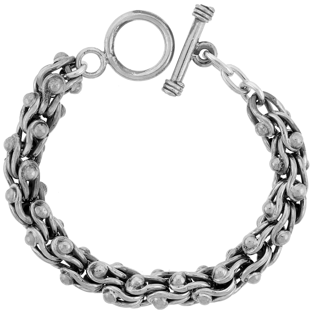 STERLING SILVER STIRRUPS LINK BRACELET TOGGLE CLASP HANDMADE 3/8 INCH WIDE, SIZES 8, 8.5 & 9 INCH
