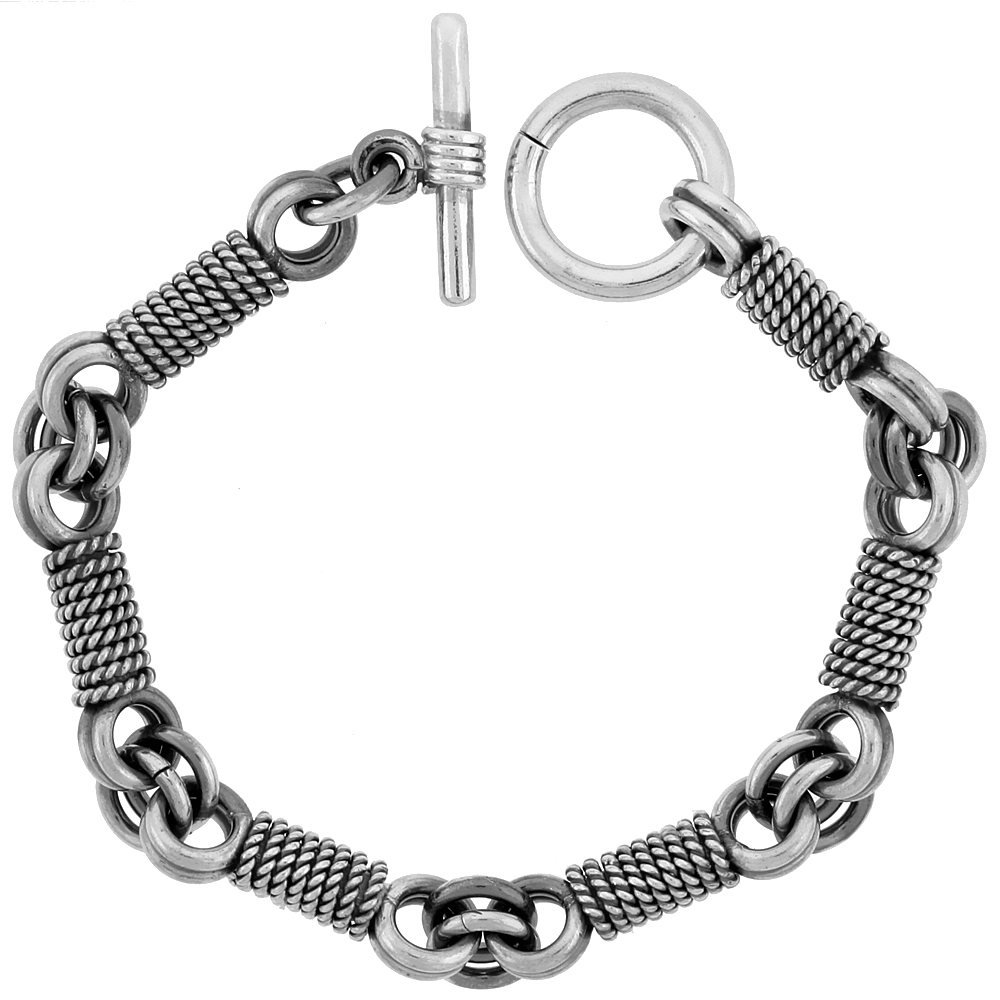 STERLING SILVER ROPE WRAPPED LINK BRACELET TOGGLE CLASP HANDMADE 3/8 INCH WIDE, SIZES 8, 8.5 & 9 INCH