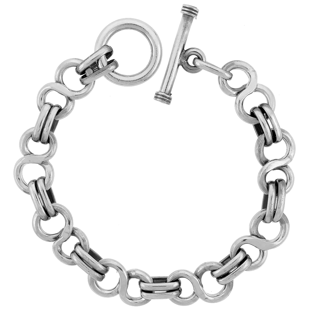 STERLING SILVER 'FIGURE 8' LINK BRACELET TOGGLE CLASP HANDMADE, 1/2 INCH WIDE, AVAILABLE IN 8, 8.5 & 9 INCH