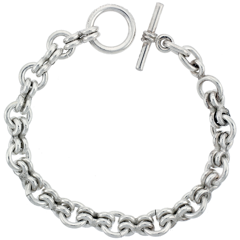 Sterling Silver Rolo Link Bracelet Toggle Clasp Handmade 3/8 inch wide, sizes 8, 8.5 &amp; 9 inch 
