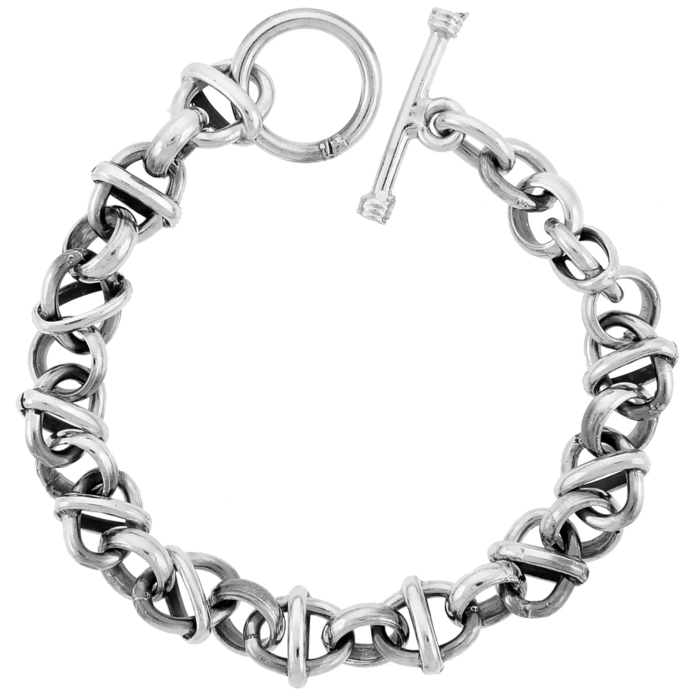 STERLING SILVER ROUND & OVAL ROLO LINK BRACELET TOGGLE CLASP HANDMADE 3/8 INCH WIDE, SIZES 8, 8.5 & 9 INCH