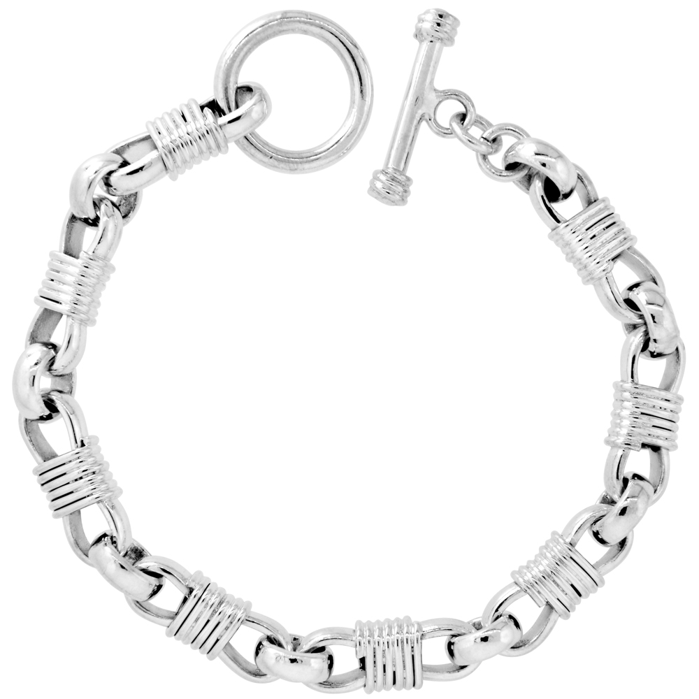 STERLING SILVER BULLET CHAIN LINK BRACELET TOGGLE CLASP HANDMADE 3/8 INCH WIDE, SIZES 8, 8.5 & 9 INCH
