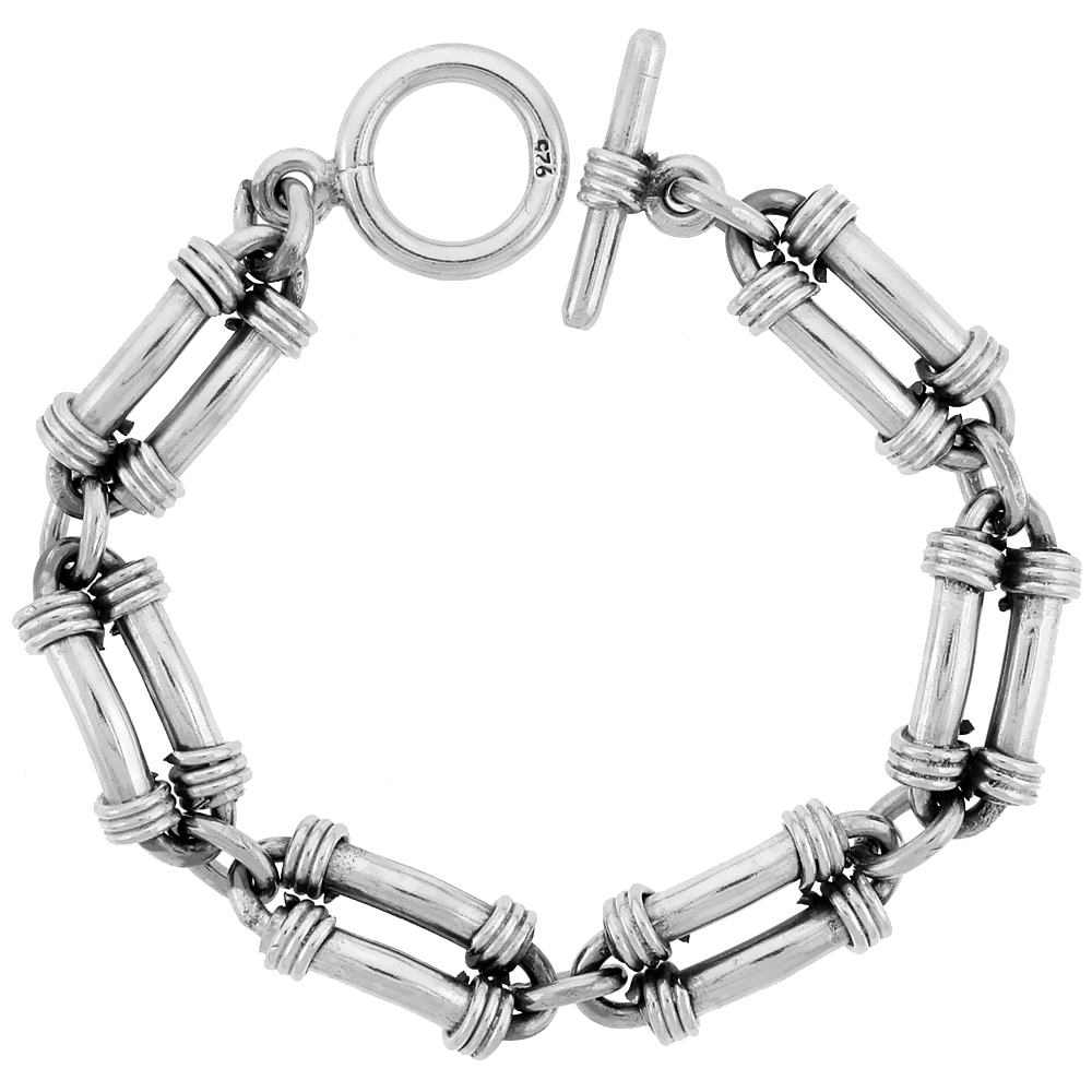 Sterling Silver Bullet Chain Link Bracelet Toggle Clasp Handmade 1/2 inch wide, sizes 8, 8.5 &amp; 9 inch 
