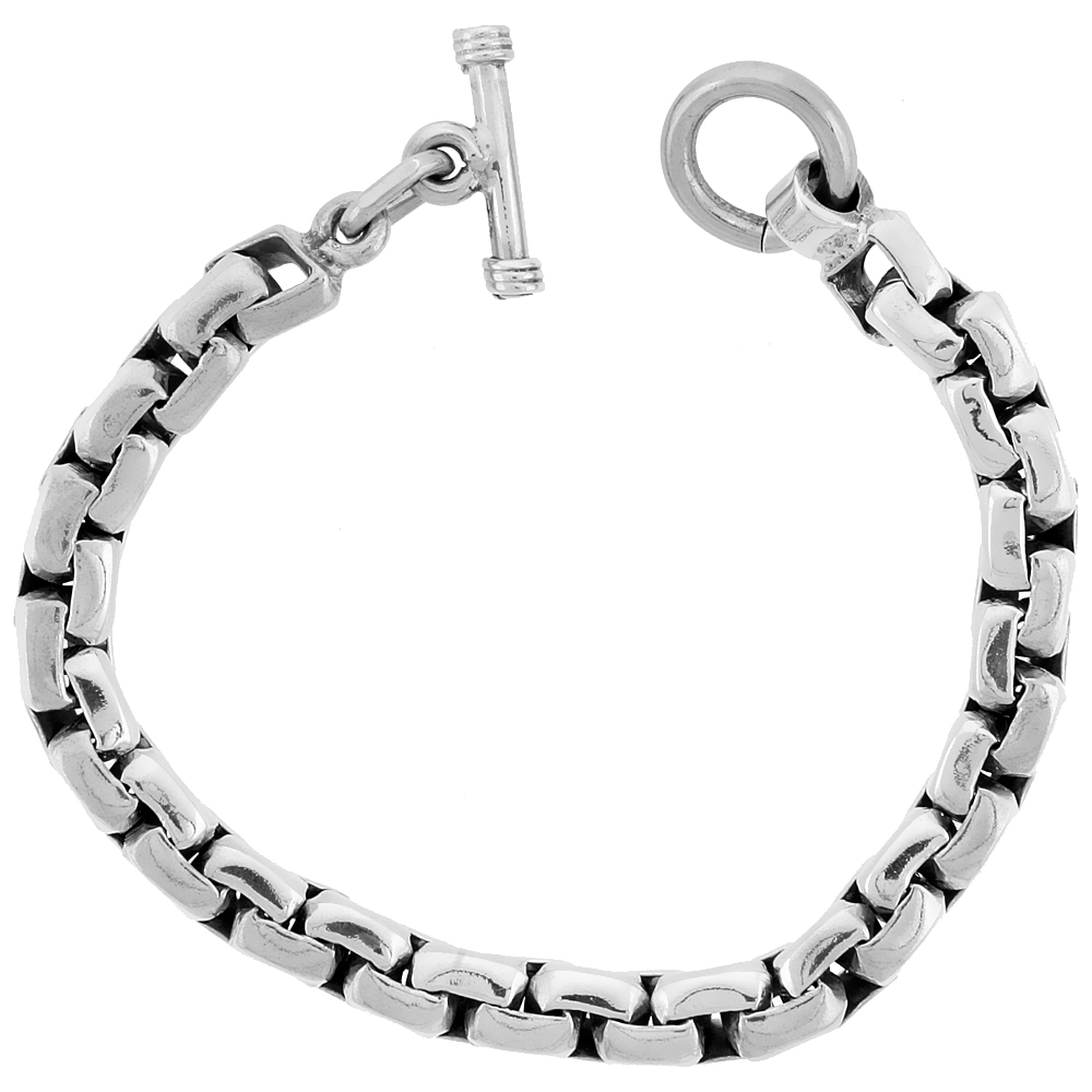 STERLING SILVER BOX CHAIN LINK BRACELET TOGGLE CLASP HANDMADE 3/8 INCH WIDE, SIZES 8, 8.5 & 9 INCH