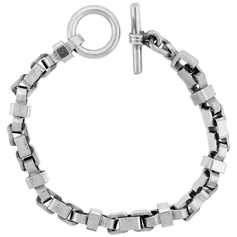 STERLING SILVER BOX CHAIN LINK BRACELET TOGGLE CLASP HANDMADE 5/16 INCH WIDE, SIZES 8, 8.5 & 9 INCH
