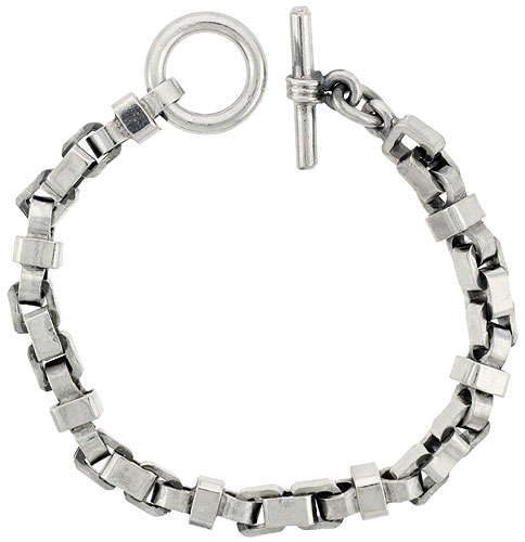Sterling Silver Box Chain Link Bracelet Toggle Clasp Handmade 5/16 inch wide, sizes 8, 8.5 &amp; 9 inch 