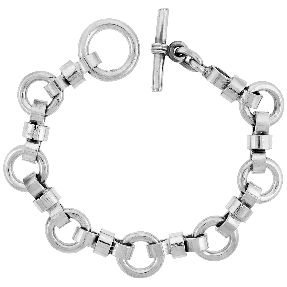 Sterling Silver Round Links Bracelet Toggle Clasp Handmade 1/2 inch wide, sizes 8, 8.5 &amp; 9 inch 