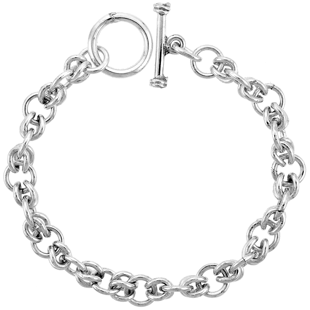 Sterling Silver Round Links Bracelet Toggle Clasp Handmade 3/8 inch wide, sizes 8, 8.5 &amp; 9 inch 