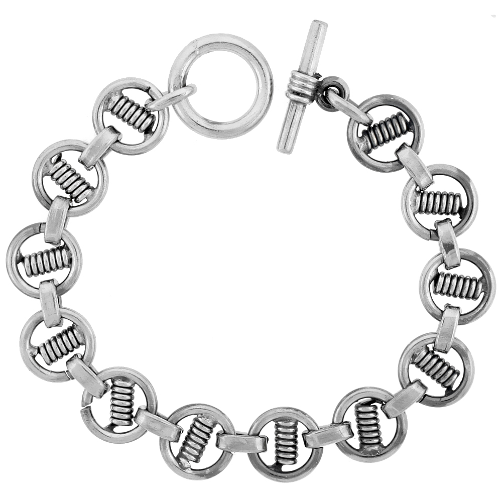 STERLING SILVER SPIRAL DESIGN ROUND LINKS BRACELET TOGGLE CLASP HANDMADE 1/2 INCH WIDE, SIZES 8, 8.5 & 9 INCH