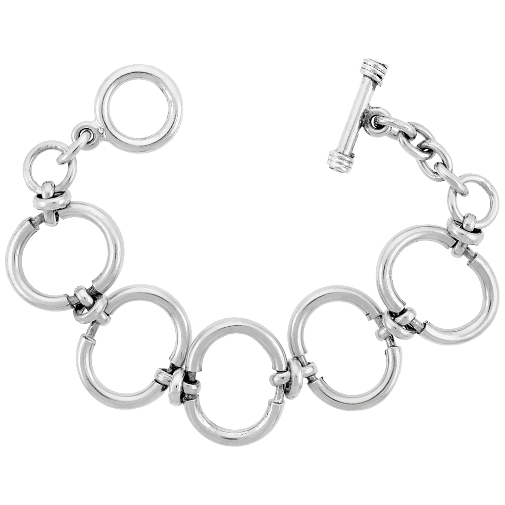 Sterling Silver Oval Cut-out Link Bracelet Toggle Clasp Handmade 1 inch wide, sizes 8, 8.5 &amp; 9 inch 