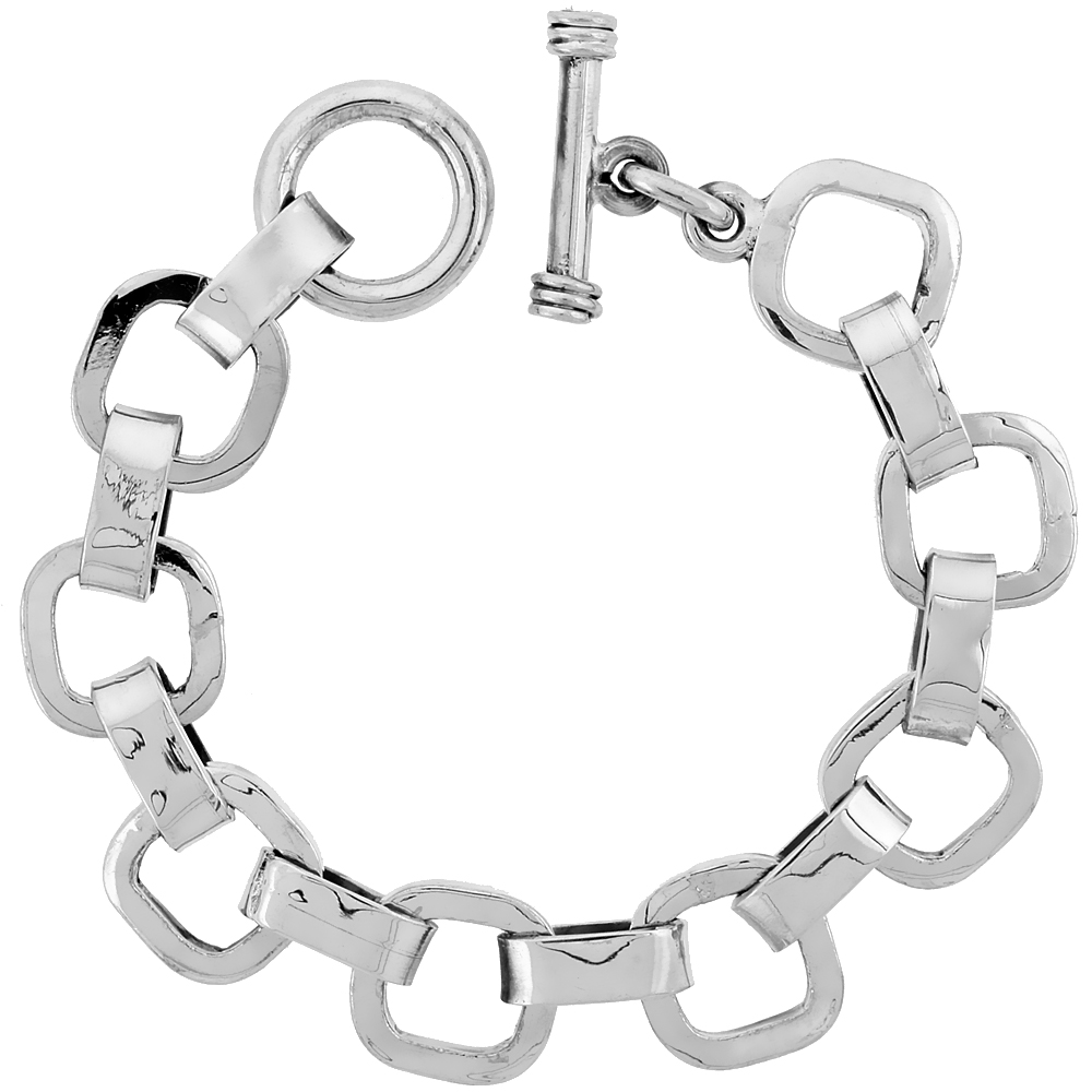 STERLING SILVER CUSHION CUT-OUT LINK BRACELET TOGGLE CLASP HANDMADE 3/4 INCH WIDE, SIZES 8, 8.5 & 9 INCH