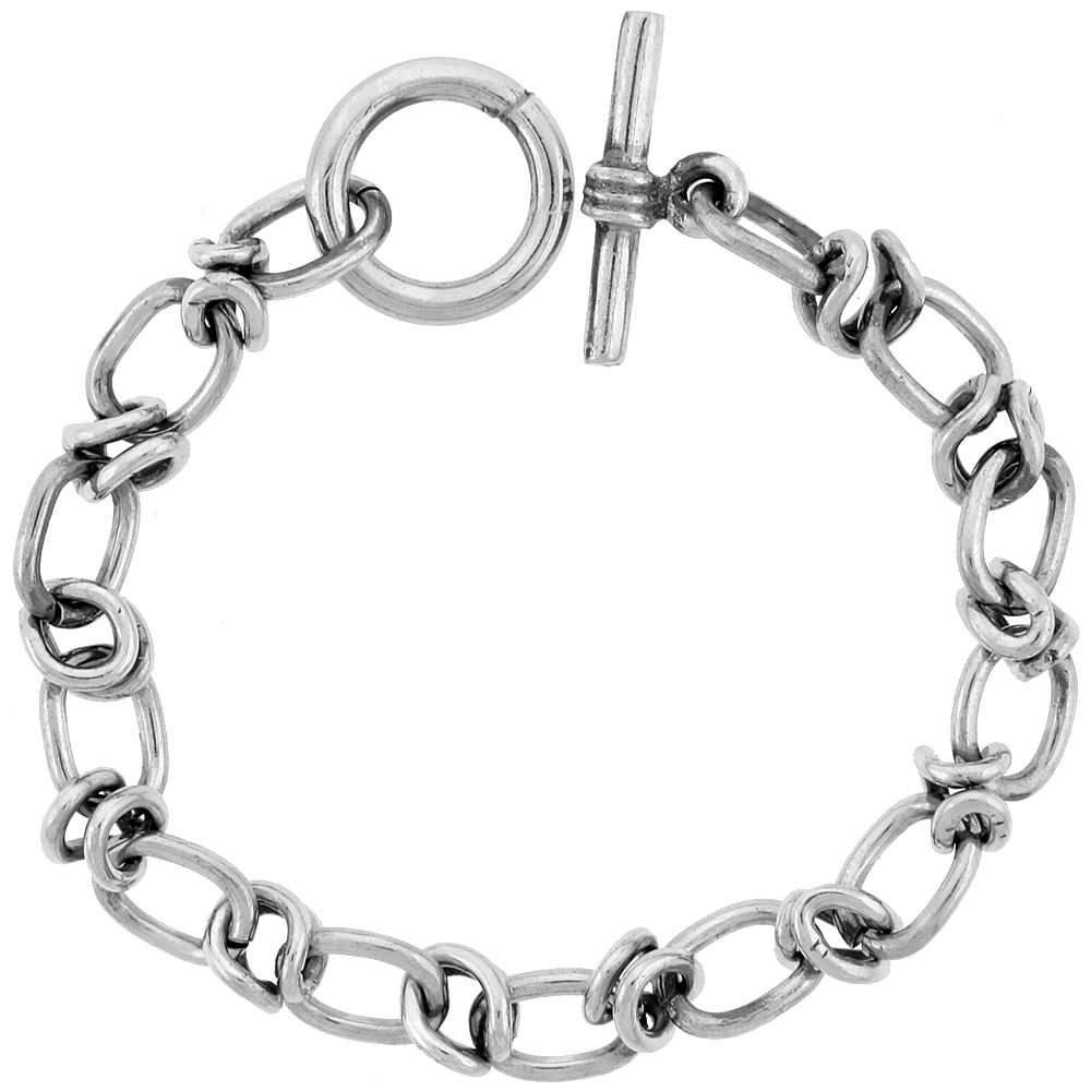 STERLING SILVER OVAL CUT-OUT LINK BRACELET TOGGLE CLASP HANDMADE 3/8 INCH WIDE, SIZES 8, 8.5 & 9 INCH