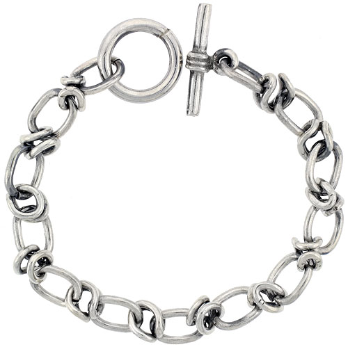 Sterling Silver Oval Cut-out Link Bracelet Toggle Clasp Handmade 3/8 inch wide, sizes 8, 8.5 &amp; 9 inch 