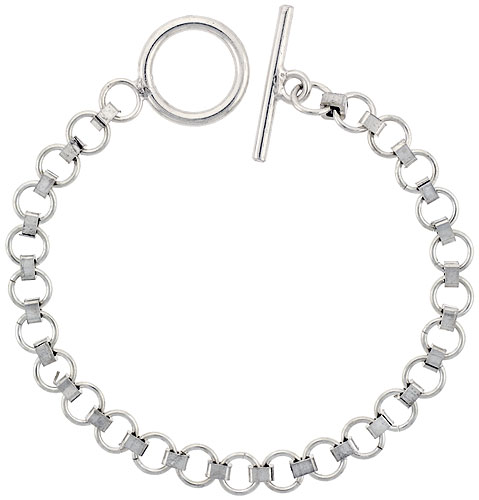 Sterling Silver Round Link Bracelet Toggle Clasp Handmade 9/32 inch wide, sizes 8, 8.5 &amp; 9 inch 